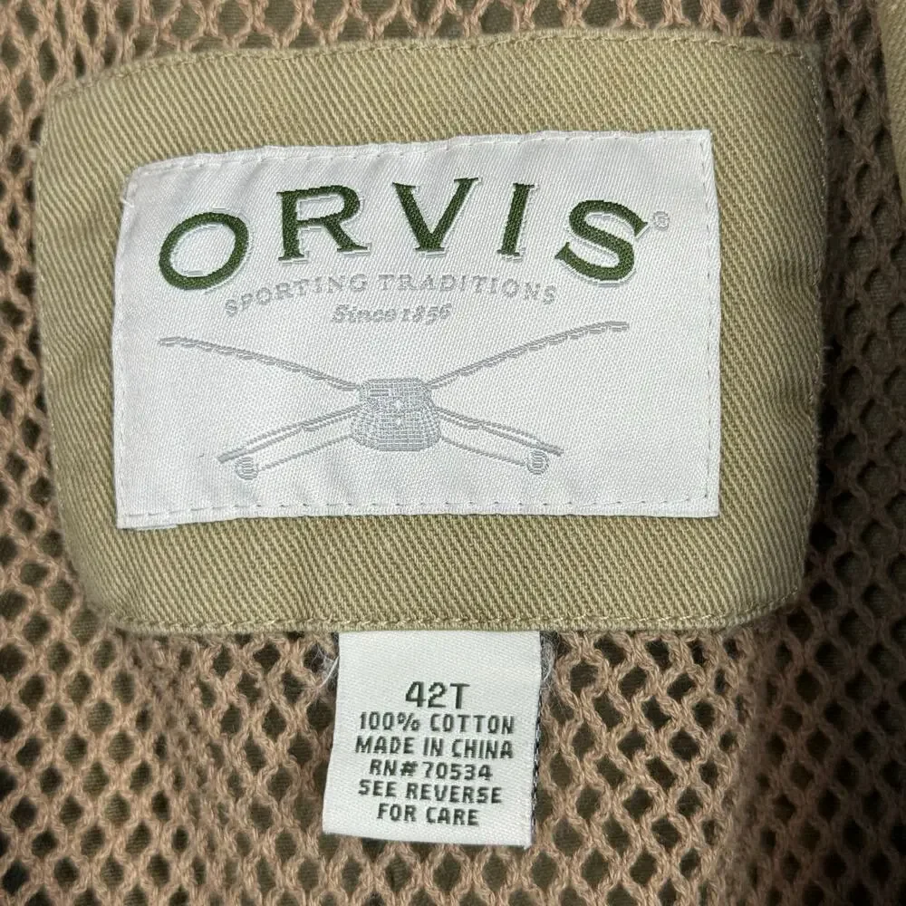 ORVIS Jacket Mens 42T Tan‎ Blazer Cotton Leather Trim Elbow Patch Safari Fishing